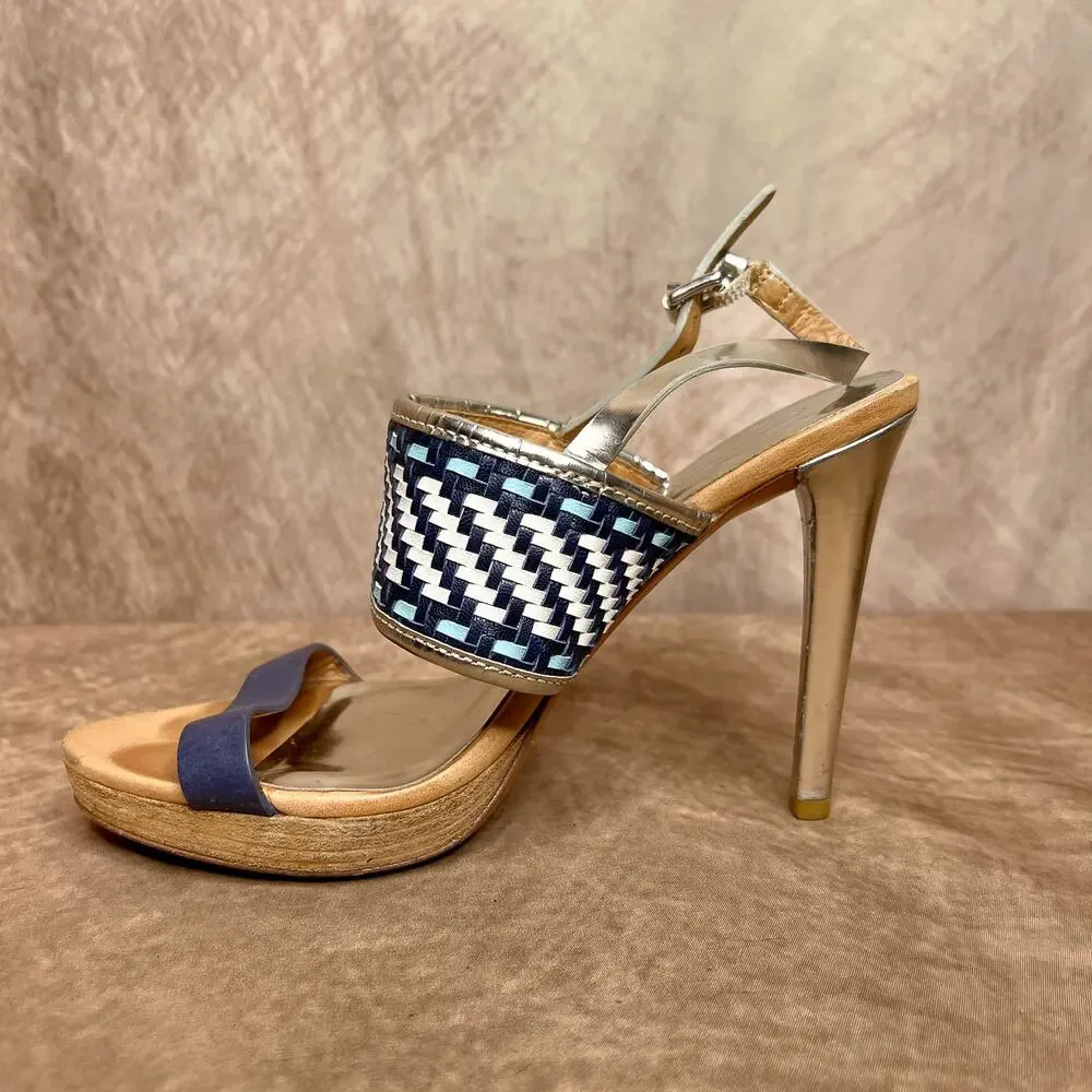 Coach Steffi Heels Pumps Slingback Woven Open Toe Sandals Silver Metallic Blue